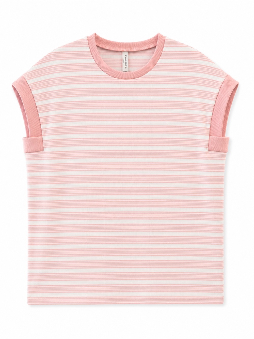 Evaless Pink White Striped Short Sleeve Knit Top XL Ribbed Trim Casual